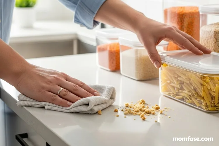Realistic kitchen close-up of hands wiping crumbs from counters, sealing dry food in airtight containers.
