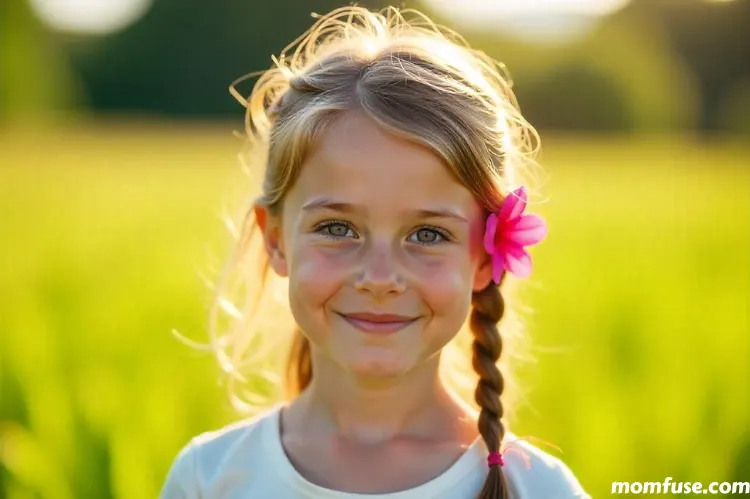 A child girl with light brown hair styled in a loose braid stands outdoors in a sunlit field.