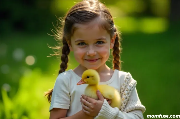 A child girl with light brown hair smiles gently while holding a small, fluffy duckling close to her chest.
