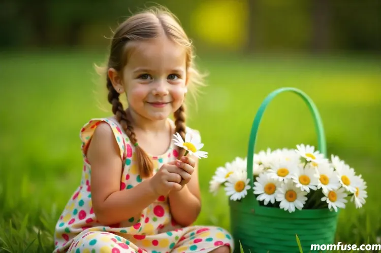 A child girl with light brown hair in braids sits outdoors in a lush green setting, holding a single daisy in her hands. 