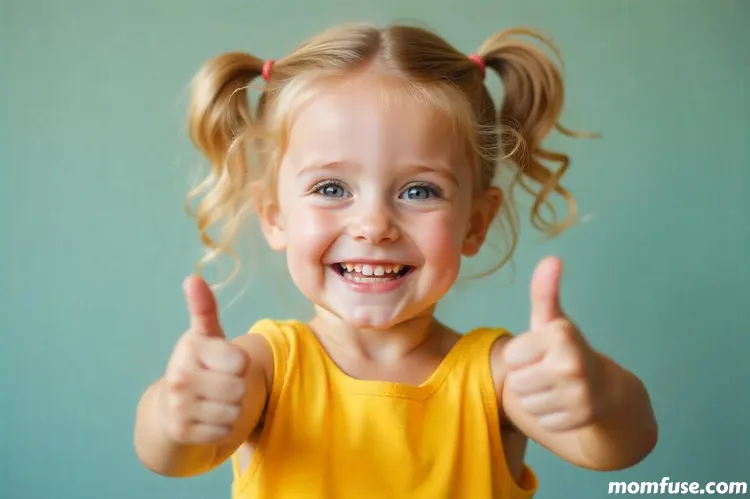 A cheerful child girl with smiles brightly while two thumbs up.