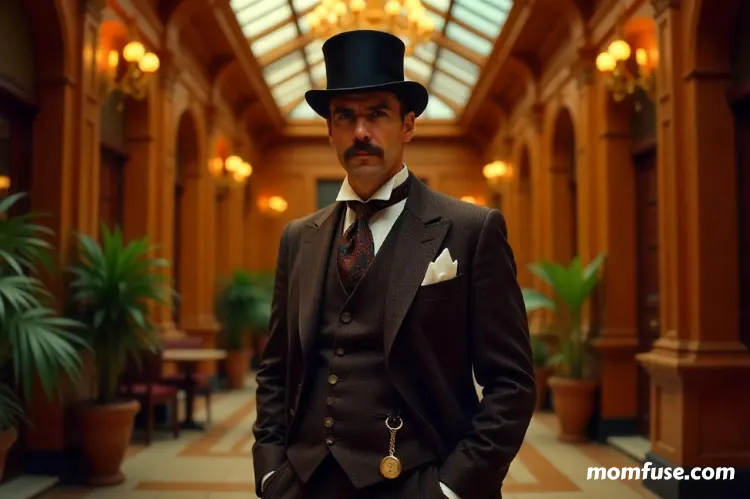 Victorian-era gentleman standing confidently in a grand, luxurious hall.