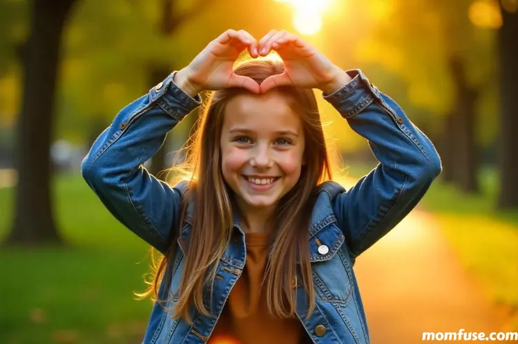 A chlid girl smile in face and hand up shape heart.