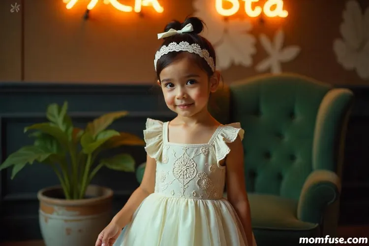 A child girl with dark hair styled in a high bun, wearing a delicate lace headband with a bow.