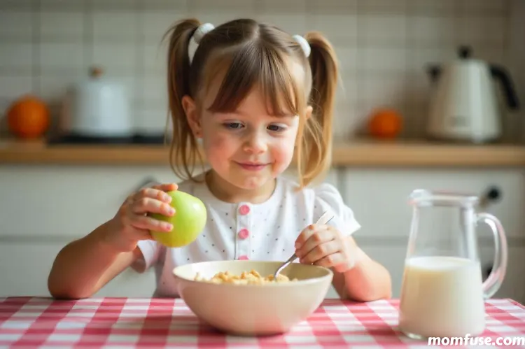 A child girl holds a green apple in one hand while eating cereal with milk from a glass bowl using a spoon. 