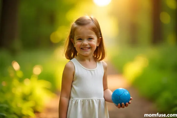 A child girl is wearing a white sleeveless dress and holding a blue ball in her left arm stands in a sunlit forest path.