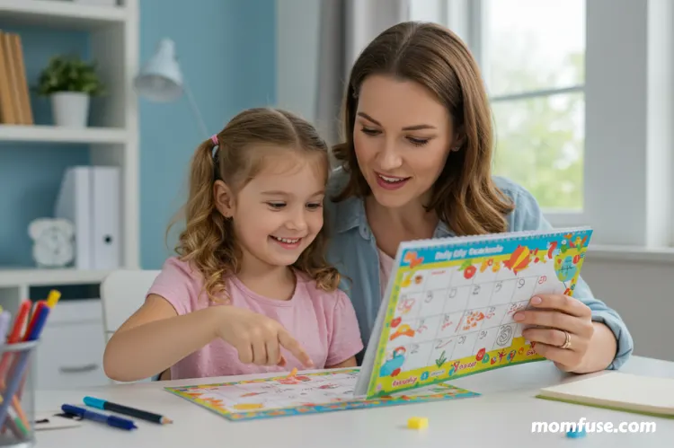 A mother and child looking at a daily routine calendar together in a tidy home office. -afternoon focus for kids