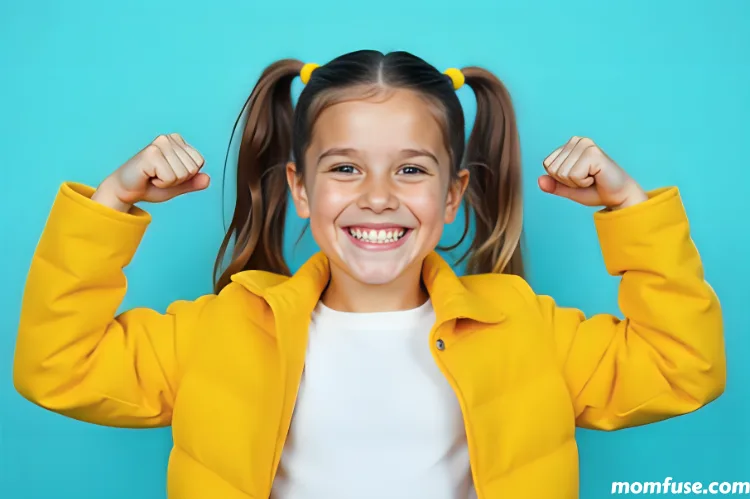 A baby girl smiles confidently while flexing both of her arms to show strength.