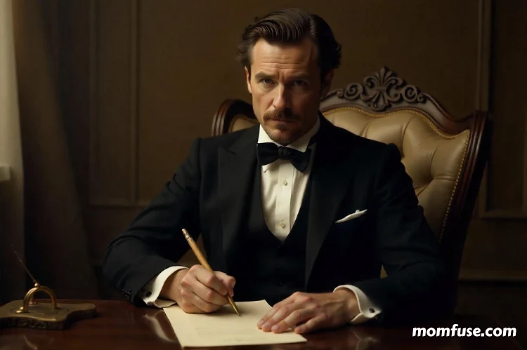 A distinguished 19th-century gentleman seated in an ornate chair, writing with a quill pen.