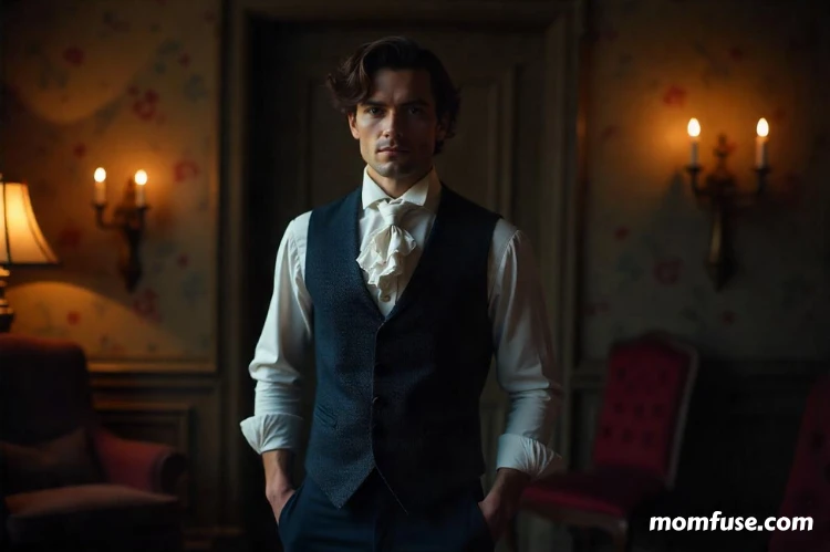 19th-century gentleman. He stands confidently in a dimly lit, elegant Victorian-era room.