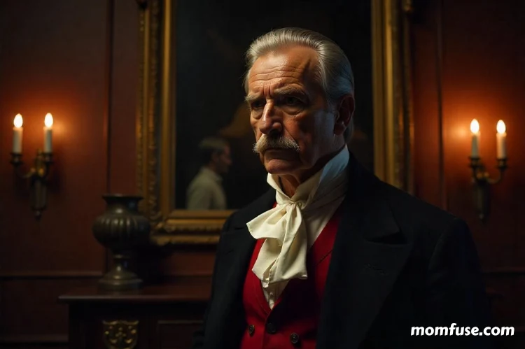 An elderly Victorian gentleman stands in a dimly lit, opulent.