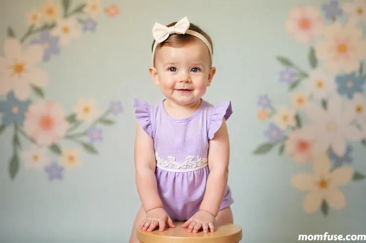 A baby girl with fair skin and light brown hair stands while holding onto a small wooden stool