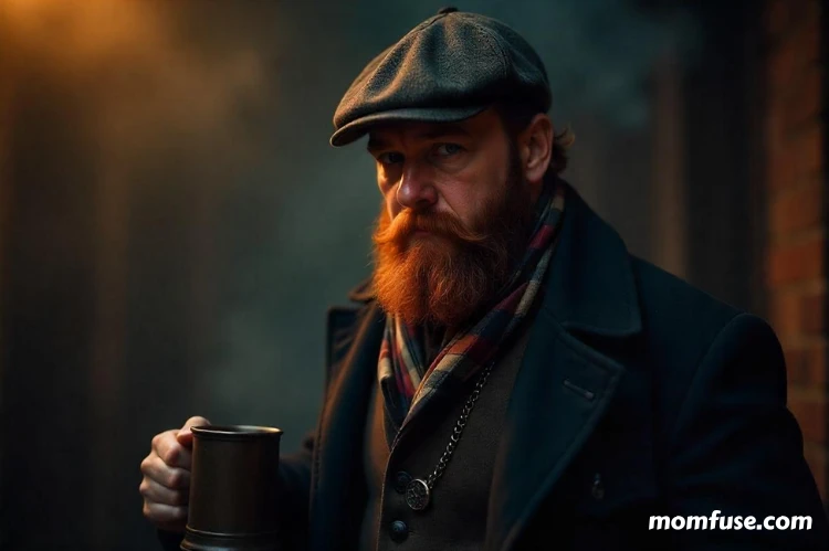 A rugged 19th-century man with a red beard and intense eyes, exuding a strong and mysterious presence. 