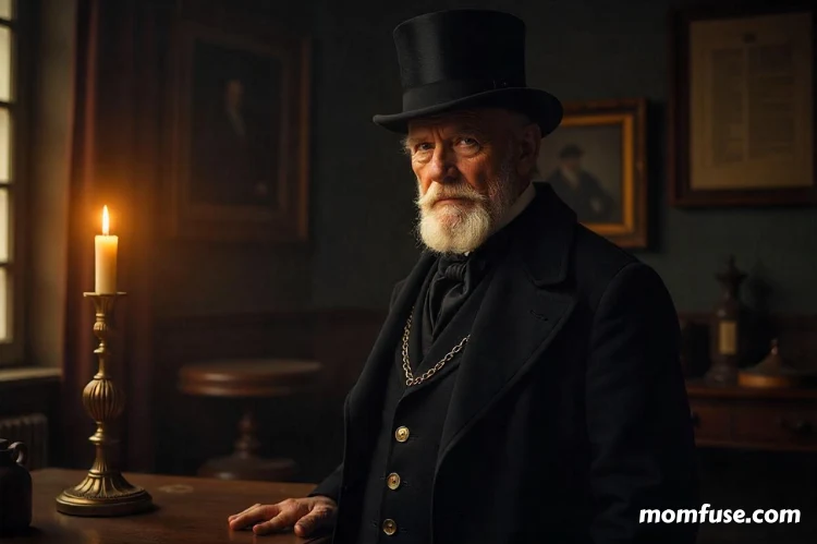 An elderly Victorian stands in a dimly lit room.