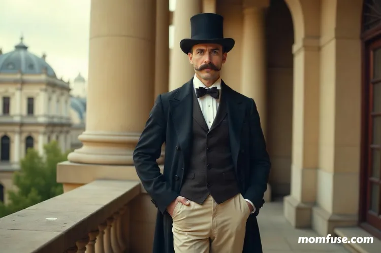 A vintage 19th-century gentleman with a well-groomed mustache, standing confidently on a balcony.