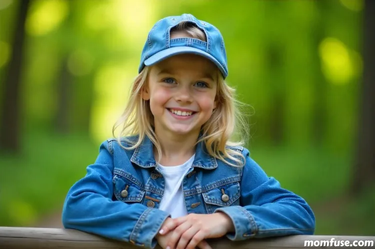 A child girl with blonde hair and a playful smile stands outdoors in a natural setting. 