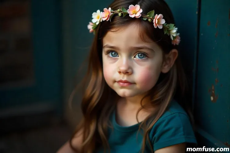 A child girl with striking blue eyes, wearing a floral headband adorned with small white and pink flowers.