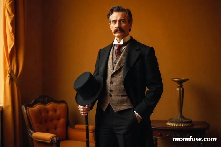 Victorian-era gentleman poses confidently in a classic 19th-century photographic studio.