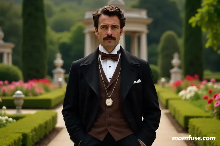 A distinguished Victorian-era gentleman stands confidently in a beautifully landscaped garden.