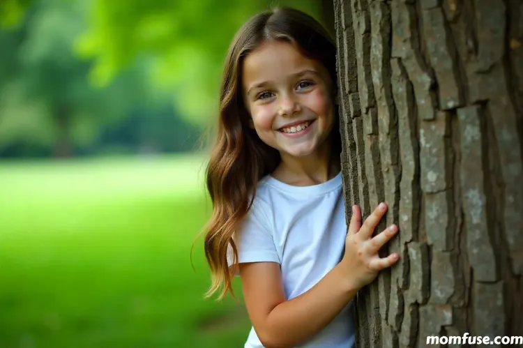 A child girl with long, wavy brown hair and a bright smile peeks out from behind a tree.