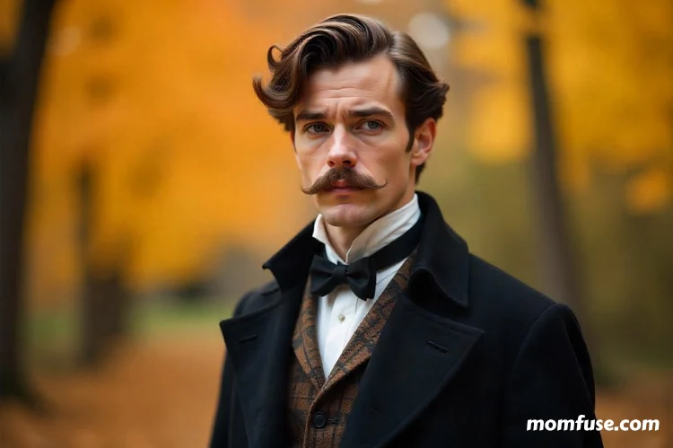 A young Victorian-era gentleman stands in an autumnal outdoor setting.