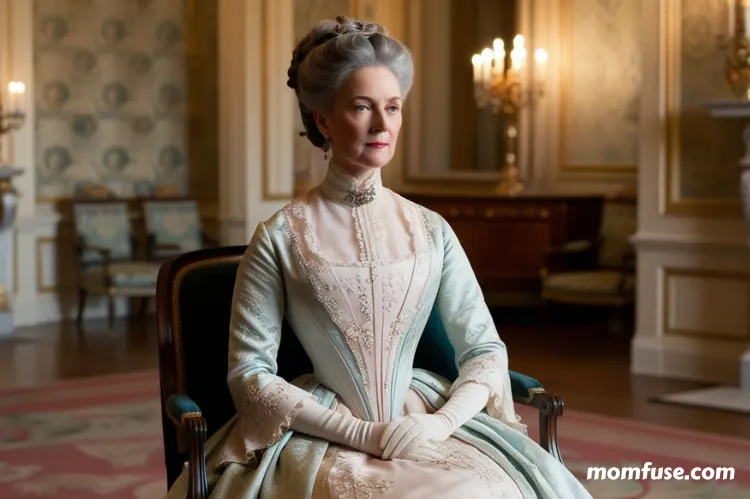 Victorian-era noblewoman sit gracefully in an opulent drawing room.