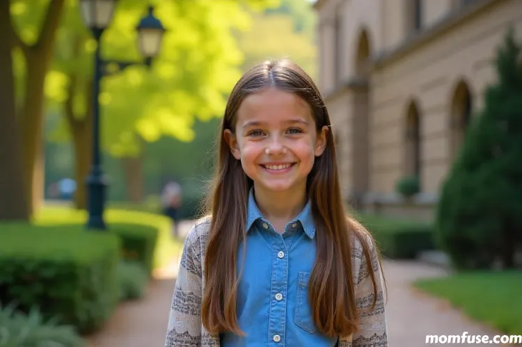 A child girl with long brown hair and a friendly smile stands outdoors in a park-like setting.