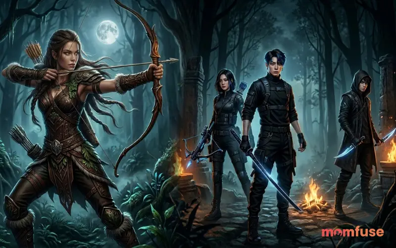 “hunter names concept, Artemis goddess with bow, neon K-pop hunters, dark forest, baby name text overlay, cinematic lighting, ultra detailed, 4k”