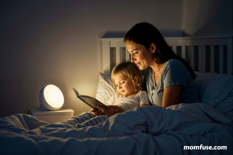 Mother and child reading bedtime story