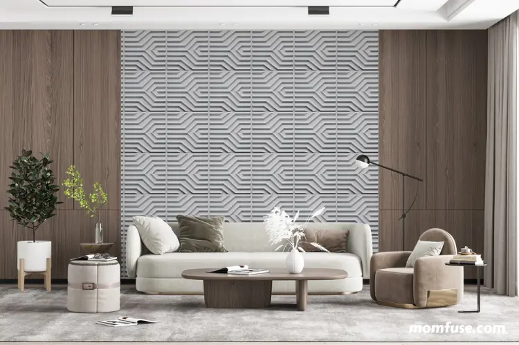 Modern living room with geometric wallpaper.