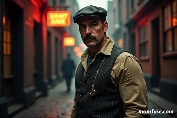 A rugged 19th-century working-class man standing in a street of an old industrial city.