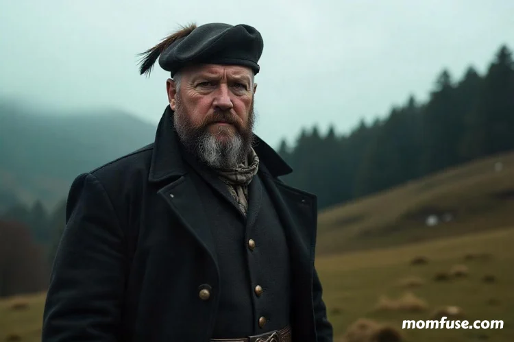A rugged 19th century, a man standing against a misty, overcast landscape