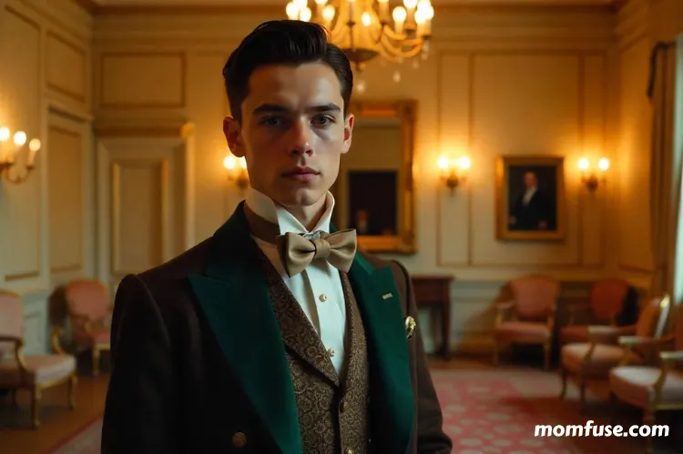 A young Victorian-era aristocrat with striking features He stands confidently in a grand ballroom adorned