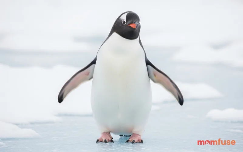 Photorealistic cute penguin standing on ice, soft snowy background, playful expression, cinematic lighting, high detail, shallow depth of field