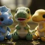 Cute baby dinosaurs (T-Rex, Triceratops, Velociraptor) sitting together like plush toys, soft pastel colors, big eyes, realistic textures, studio lighting, shallow depth of field