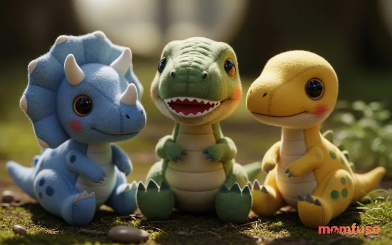 Cute baby dinosaurs (T-Rex, Triceratops, Velociraptor) sitting together like plush toys, soft pastel colors, big eyes, realistic textures, studio lighting, shallow depth of field