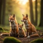 A stunning, cinematic wide-angle shot featuring three foxes sitting together,real image with realistic details
