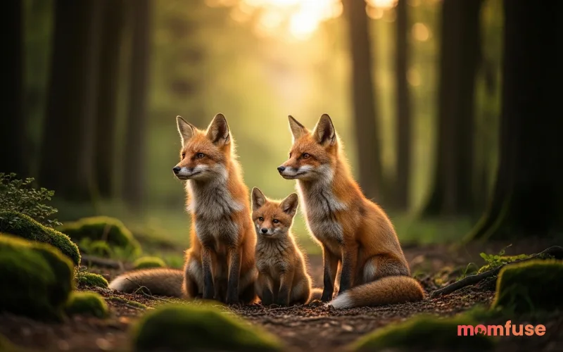 A stunning, cinematic wide-angle shot featuring three foxes sitting together,real image with realistic details