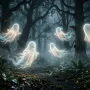 Realistic spooky scene with multiple translucent ghosts floating in mist, soft glow, dark forest background, cinematic lighting, eerie but slightly playful mood, ultra detailed, 4K, depth of field