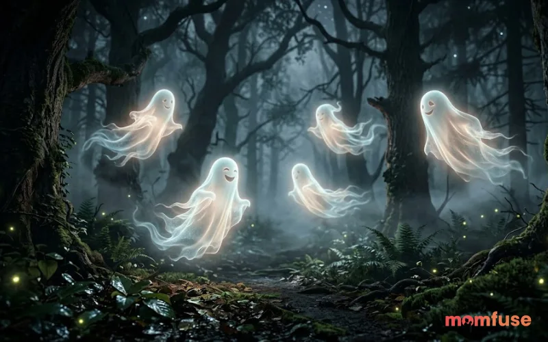 Realistic spooky scene with multiple translucent ghosts floating in mist, soft glow, dark forest background, cinematic lighting, eerie but slightly playful mood, ultra detailed, 4K, depth of field