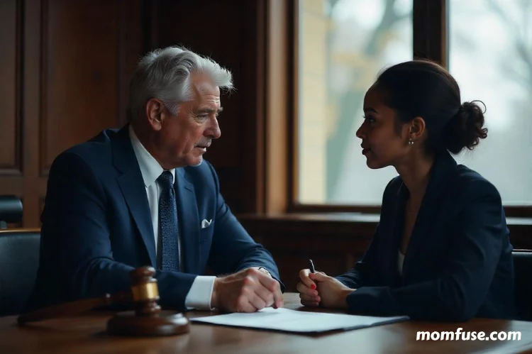 A professional lawyer consulting with a client in a modern office.