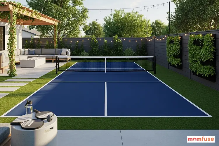 Modern backyard pickleball court at home, clean design, family-friendly space.