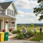 Realistic rural family scene showing a tidy farmhouse, open land, recycling bins neatly arranged outside