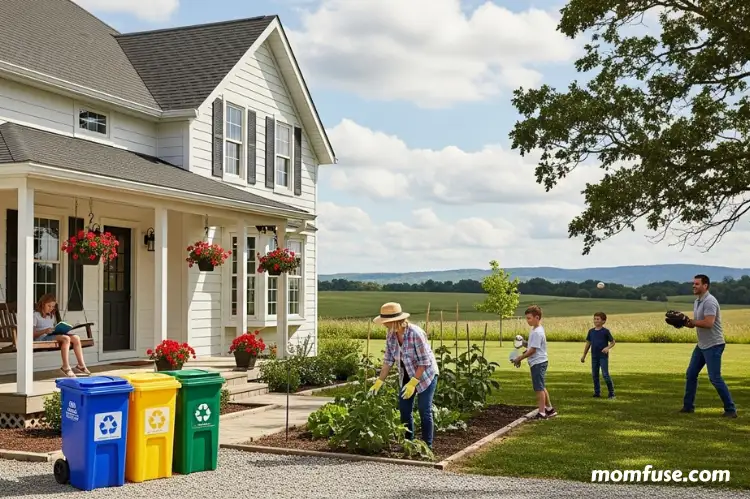 Realistic rural family scene showing a tidy farmhouse, open land, recycling bins neatly arranged outside