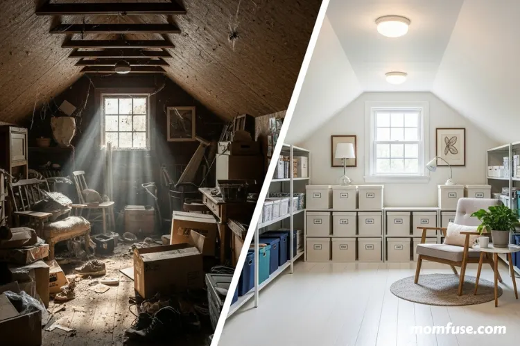 Before-and-after attic transformation: cluttered attic on one side, clean organized attic on the other.