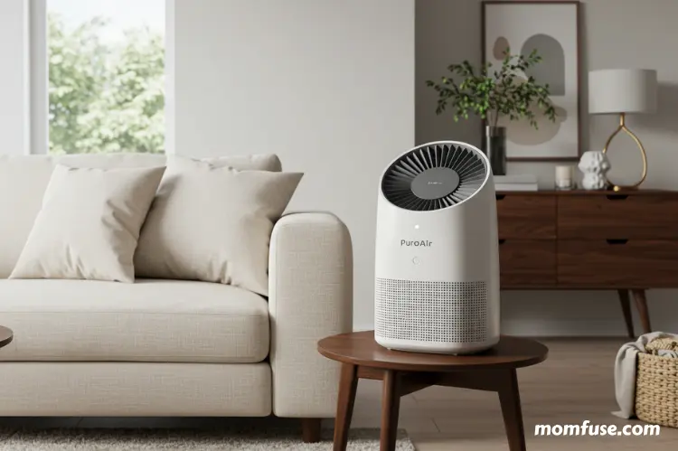 A modern PuroAir air purifier in a stylish home setting.