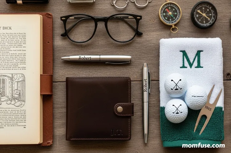 A flat lay of personalized gifts for men — leather wallet, engraved pen, vintage book, golf accessory.