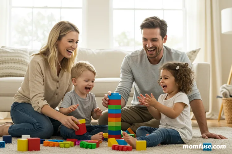 Happy family playing together in a bright living room, child smiling and active.