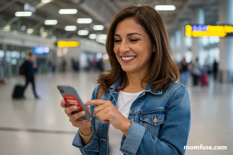 A smiling mom using a smartphone to book luggage storage on a travel app.