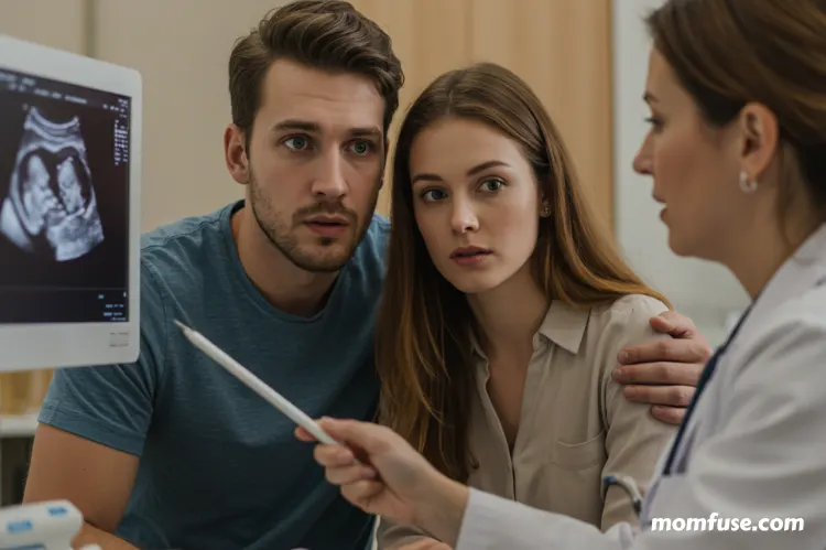 A hopeful couple talking to a doctor while looking at an ultrasound image — emotional expressions.